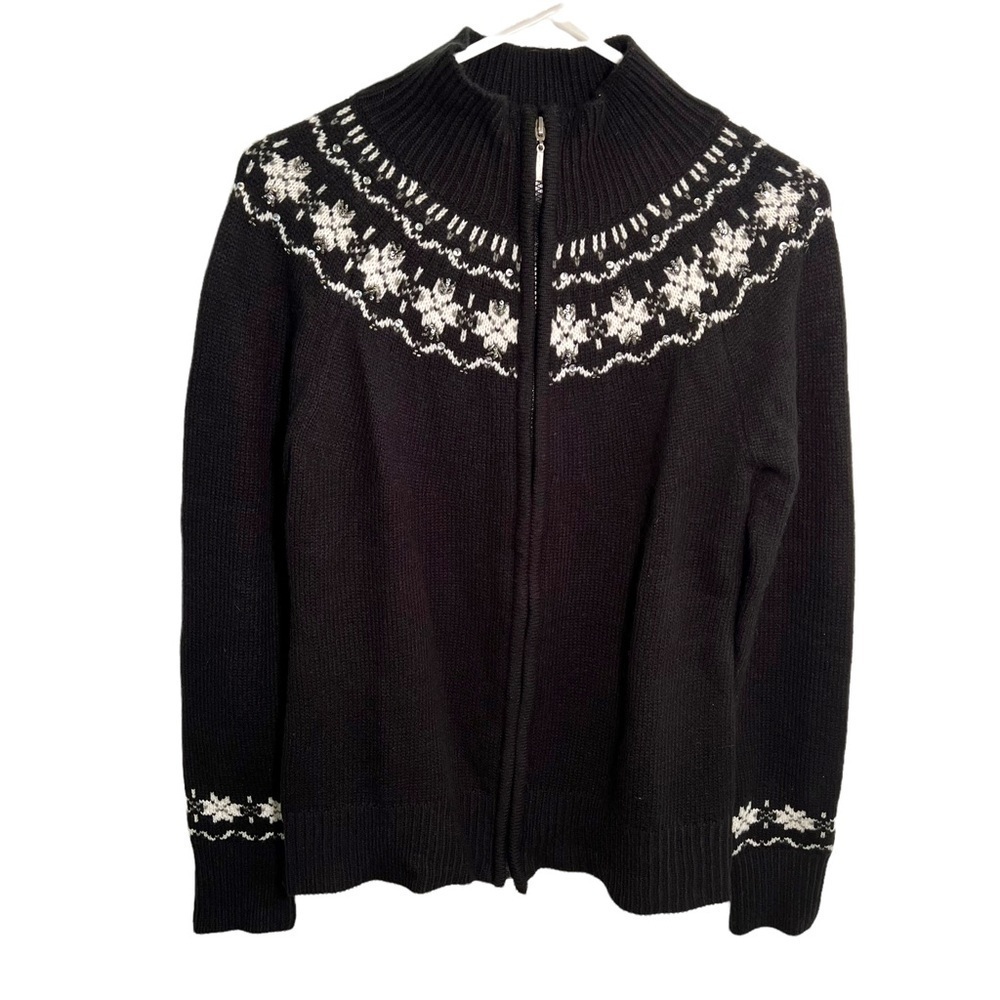 Collection DressBarn Women's Size Medium Full Zip Sweater Black White Snowflake